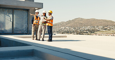 Buy stock photo Team, people and planning with blueprint for construction at site, layout or development outdoor. Point, document and discussion with engineer, building laborer and space for design coordination