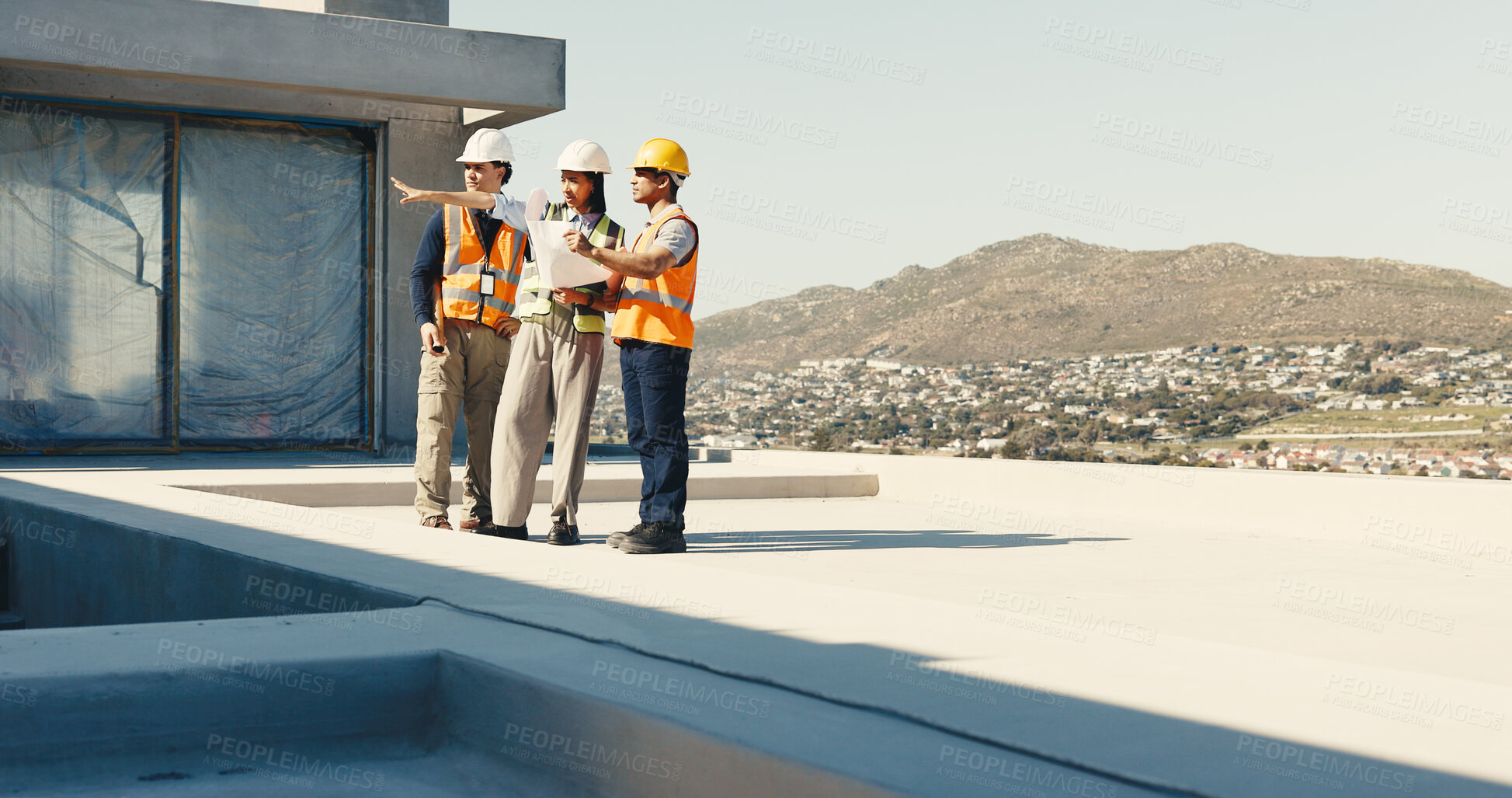 Buy stock photo Team, people and planning with blueprint for construction at site, layout or development outdoor. Point, document and discussion with engineer, building laborer and space for design coordination