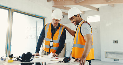 Buy stock photo Team, happy men or planning with blueprint for construction at site, layout or development feedback. Smile, document and discussion with engineer, project support and building design coordination