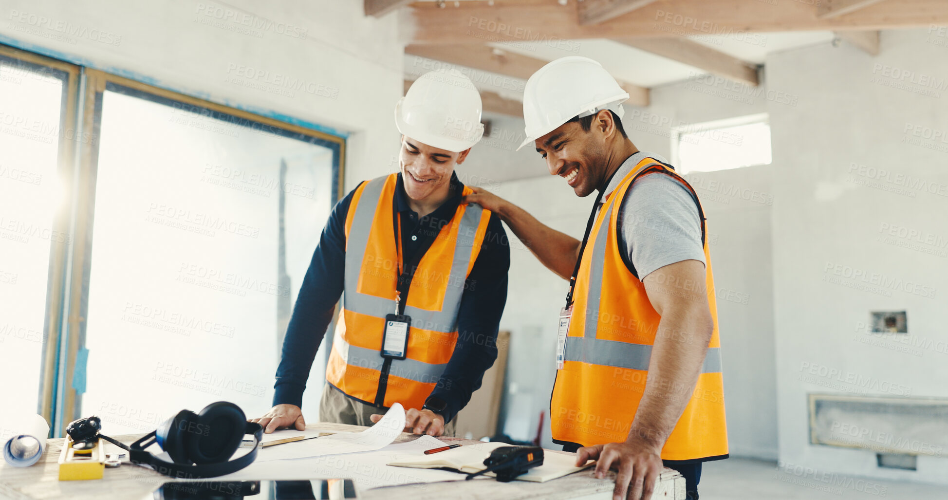 Buy stock photo Team, happy men or planning with blueprint for construction at site, layout or development feedback. Smile, document and discussion with engineer, project support and building design coordination