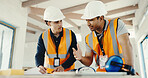 Team, men or engineer planning with blueprint for construction site, layout or development feedback. People, document or discussion for architecture project, building design schematic or coordination