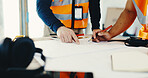 Architect, hands or building with blueprint on construction site for planning, strategy or design. People, civil engineer or contractor with documents for architecture project or development together