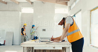 Buy stock photo Man, architect and writing with blueprint on construction site for building design or planning. Male person, contractor or civil engineer taking notes with documents for architecture project or ideas