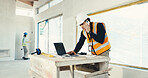 Construction, building and man with laptop, phone call and talking for renovation update or planning. Engineering, architecture and person on tech for communication, evaluation and remodeling review