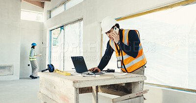 Buy stock photo Construction, building and man with laptop, phone call and talking for renovation update or planning. Engineering, architecture and person on tech for communication, evaluation and remodeling review
