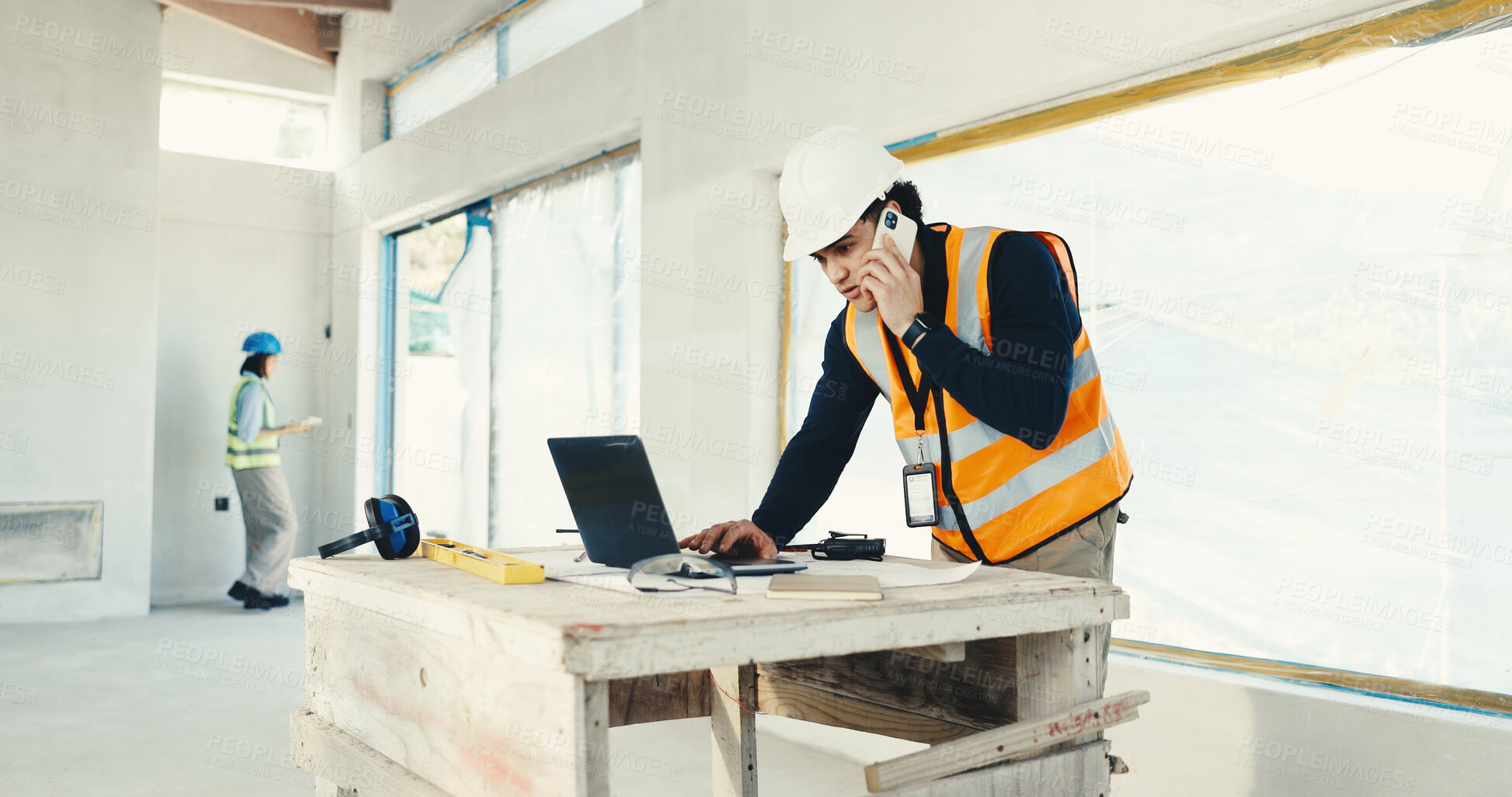 Buy stock photo Construction, building and man with laptop, phone call and talking for renovation update or planning. Engineering, architecture and person on tech for communication, evaluation and remodeling review