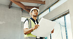 Engineer, man and blueprint on construction site for inspection, safety regulations or building. Property, architect and low angle with document for infrastructure, renovation project and compliance