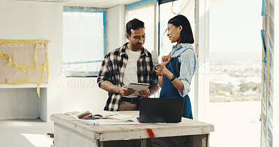 Buy stock photo Couple, tablet and swatch at house for renovation, paint sample and color selection for makeover. Smile, people and tech in lounge with palette, options and interior design for property refurbishment