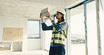 Architect, woman and tablet on construction site for inspection, safety regulations or building. Person, compliance and civil engineer with tech for infrastructure, renovation project or security