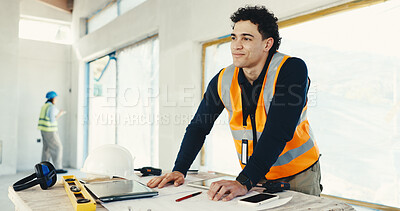 Buy stock photo Architect, man and thinking with blueprint on construction site for building inspection or design. Male person, contractor or civil engineer contemplating with documents for architecture development