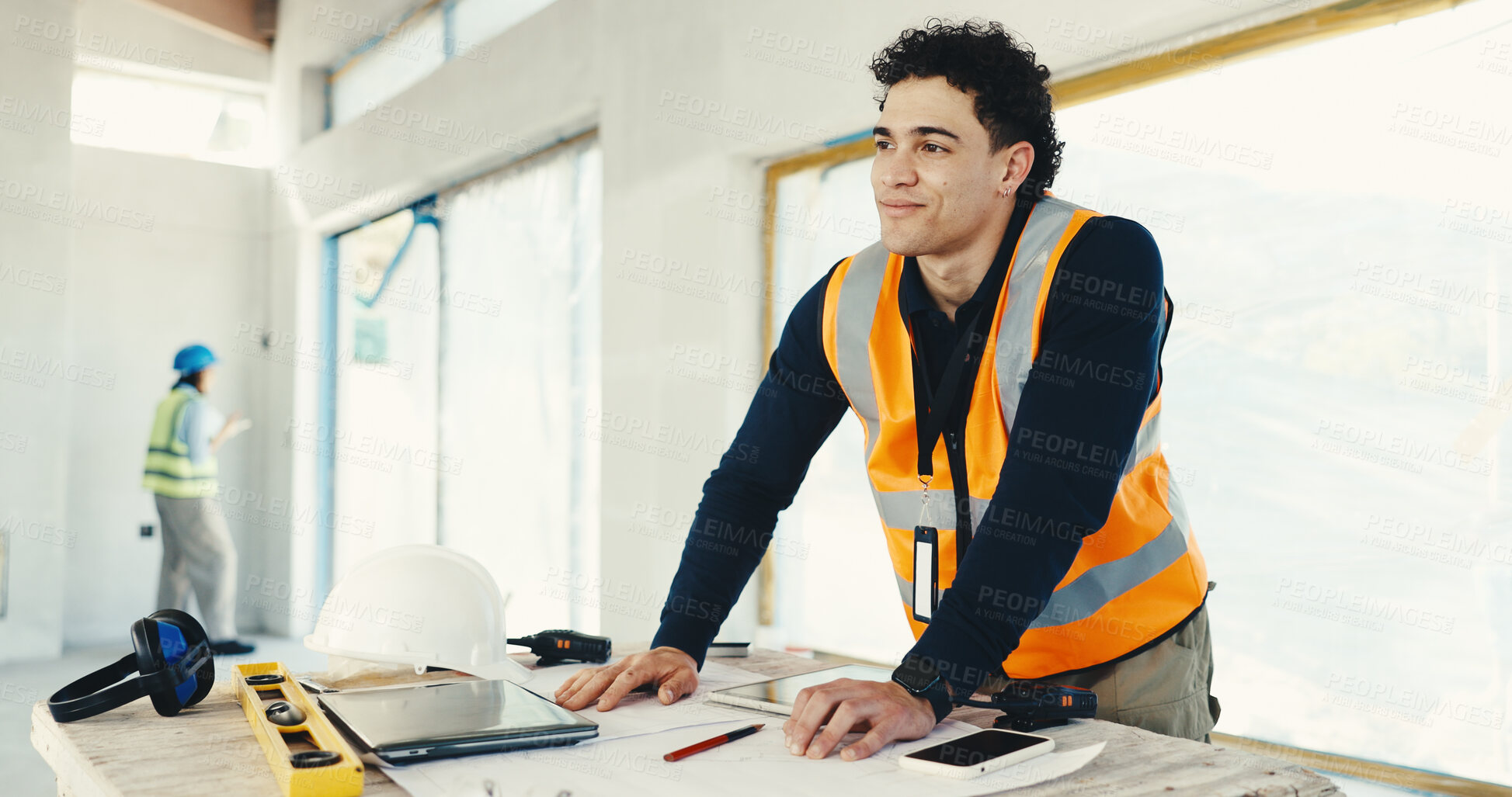Buy stock photo Architect, man and thinking with blueprint on construction site for building inspection or design. Male person, contractor or civil engineer contemplating with documents for architecture development