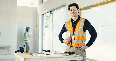 Buy stock photo Portrait, man and engineer with confidence at construction site, smile and development supervisor. Safety helmet, architecture and happy male person in building, project manager or proud professional