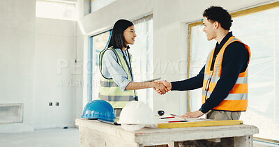 Buy stock photo Architect, technician and meeting with handshake on construction site for building partnership. Man, woman or electrician shaking hands with team agreement for architecture project or deal together