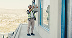 Architect, man and tablet on construction site for building, inspection or safety regulations. Person, renovation and civil engineer with tech for infrastructure, architecture project or security