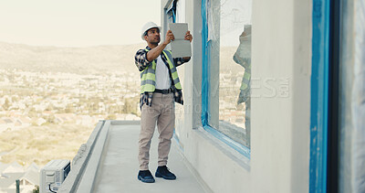 Buy stock photo Architect, man and tablet on construction site for building, inspection or safety regulations. Person, renovation and civil engineer with tech for infrastructure, architecture project or security