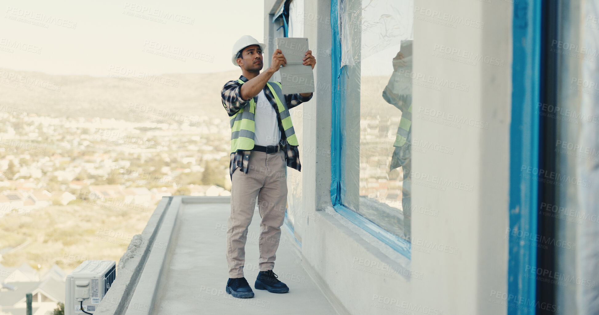 Buy stock photo Architect, man and tablet on construction site for building, inspection or safety regulations. Person, renovation and civil engineer with tech for infrastructure, architecture project or security