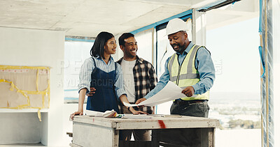 Buy stock photo Couple, engineer or blueprint at house for renovation, construction planning or happy with progress. Client, people and talking with contractor for property layout, upgrade and remodeling document