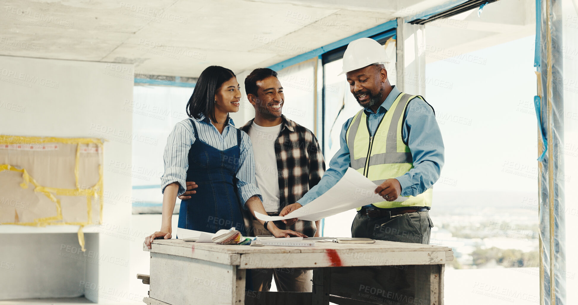 Buy stock photo Couple, engineer or blueprint at house for renovation, construction planning or happy with progress. Client, people and talking with contractor for property layout, upgrade and remodeling document