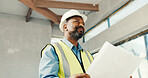 Thinking, black man and blueprint on construction site for inspection, regulations or building. Mature, architect and low angle with safety document for infrastructure, renovation project and space