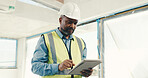 Architect, black man and tablet on construction site for inspection, safety regulations or building. Mature person, engineer and check with tech for infrastructure, renovation project or security