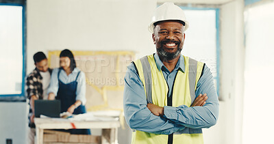 Buy stock photo Portrait, man and engineer with arms crossed at construction site, smile and development supervisor. Confidence, architecture or happy mature person in building, project manager or proud professional