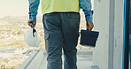 Architect, hands and helmet with toolbox for building equipment or preparation on construction site. Back view, person or civil engineer with hard hat or gear for architecture, fix or repair service