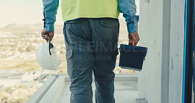 Buy stock photo Architect, hands and helmet with toolbox for building equipment or preparation on construction site. Back view, person or civil engineer with hard hat or gear for architecture, fix or repair service