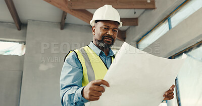 Buy stock photo Engineer, black man and confused with blueprint on construction site for building inspection. Mature person, architect and low angle with document for infrastructure, renovation and compliance issue