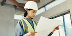 Construction, blueprint and woman in building for inspection, floor plan and property evaluation. Architecture, contractor and person with paperwork for remodeling, development and renovation design