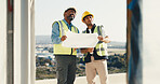 Architect, men and builder with blueprint on construction site for building design or inspection. Male people, civil engineer or laborer with document for architecture maintenance, safety or security