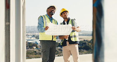 Buy stock photo Architect, men and builder with blueprint on construction site for building design or inspection. Male people, civil engineer or laborer with document for architecture maintenance, safety or security