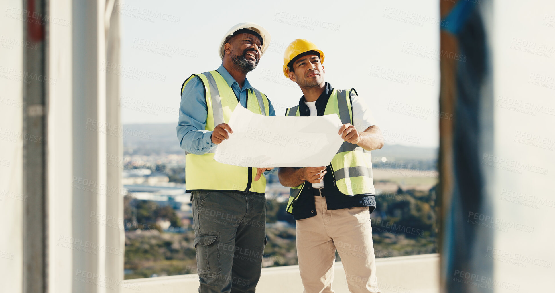 Buy stock photo Architect, men and builder with blueprint on construction site for building design or inspection. Male people, civil engineer or laborer with document for architecture maintenance, safety or security