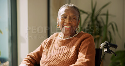 Buy stock photo Portrait, old woman and happy in home with wheelchair, hip replacement or healing optimism. Wellness, senior black person with disability and smile for acute surgery recovery, rehabilitation or relax