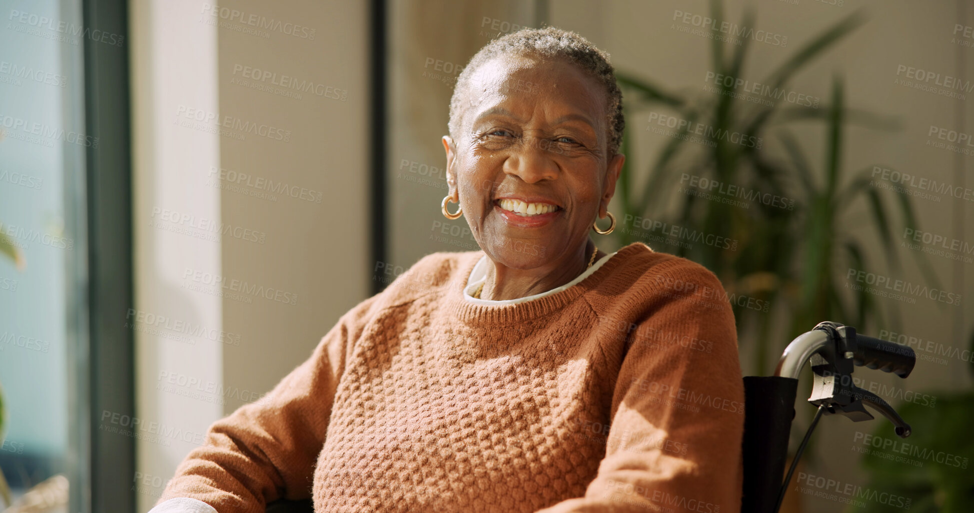 Buy stock photo Portrait, old woman and happy in home with wheelchair, hip replacement or healing optimism. Wellness, senior black person with disability and smile for acute surgery recovery, rehabilitation or relax