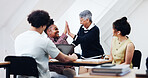 Teacher, student and high five in class with smile, good news and lesson success for passing exam. Happy, lecturer and woman at university with laptop, celebration and academic progress for education