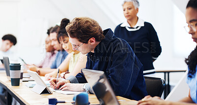 Buy stock photo College student, man and writing notes with tablet, education assignment or knowledge research. Tech, university and person study with notebook in class, test preparation and learning in lesson
