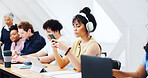 Woman, student or headphones in class with phone, research assignment or reading requirements. Academic, tech or online in community college for learning, audio lesson or educational platform on app