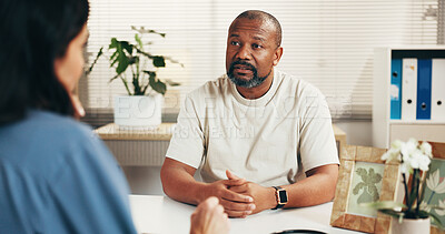 Buy stock photo Man, doctor and patient with consultation for healthcare advice, diagnosis or checkup in office. Male person, client or talking with medical health worker for condition, treatment or visit in clinic