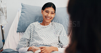 Buy stock photo Woman, smile and consultation in hospital bed for health, wellness and medical advice with discussion. Happy person, doctor and support with checkup for recovery, results and healthcare assessment