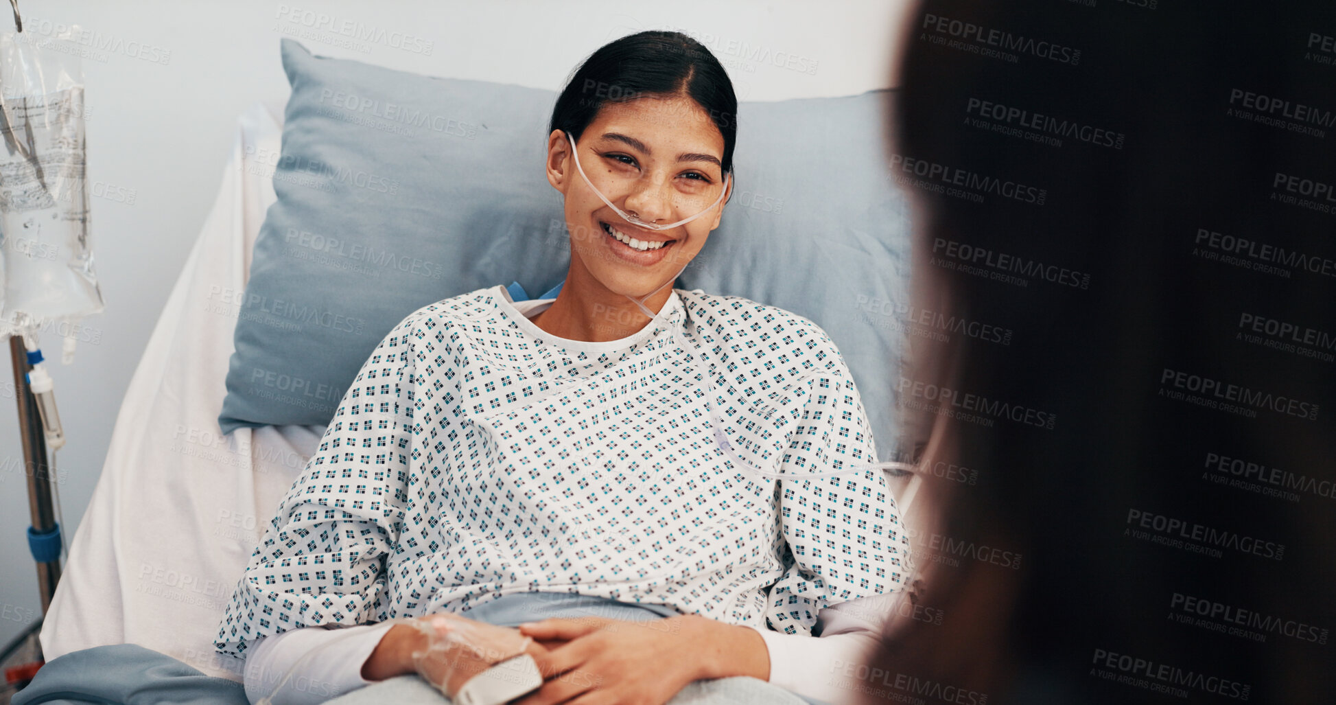 Buy stock photo Woman, smile and consultation in hospital bed for health, wellness and medical advice with discussion. Happy person, doctor and support with checkup for recovery, results and healthcare assessment