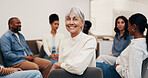 Wellness, woman or happy in meeting for support group, self improvement or emotional wellbeing. Community center, member and portrait for social connection, healing circle and mutual aid in recovery