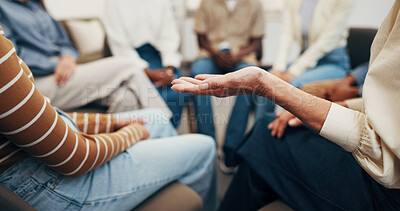 Buy stock photo People, hands and group in circle for therapy, discussion and coping mechanism for addiction. Mental health, session and community in meeting for recovery, relapse prevention and self care suggestion