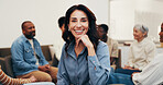 Psychology, woman or happy in meeting for support group, self improvement or emotional wellbeing. Wellness center, mature member or portrait for counseling, healing progress or mutual aid in recovery