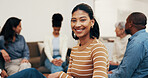 Psychology, woman and smile in meeting for support group, self improvement and relapse prevention. Community center, member and portrait for counseling, healing progress and mutual aid in addiction