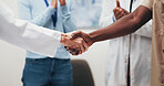Hospital, people and handshake with doctor for medical agreement, financial support or applause. Success, shaking hands and healthcare staff clapping for achievement, funding deal and thank you