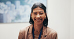 Portrait, smile and woman in enterprise for business, HR administrator or operational professional. Office, confidence or happy female person, talent acquisition or recruitment coordinator with pride
