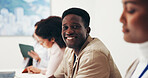 Meeting, seminar and happy man with medical team in conference for healthcare training or workshop. Portrait, male person or health worker with group in boardroom for coaching service in hospital