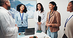 Happy, people and meeting with medical team for presentation, staff training or speech in office. Group, employees or healthcare workers with smile for community wellness campaign in conference