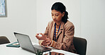 Woman, research and doctor with wrist pain on laptop in office for muscle tension or discomfort. Frustrated, female person or employee with sore hand for injury or joint inflammation in workplace