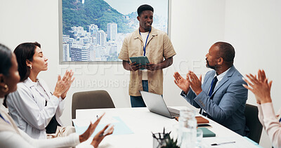 Buy stock photo Medical student, applause and presentation with tablet in office, research or smile with case study. Healthcare, team and happy people with technology, clapping and treatment plan on web in meeting